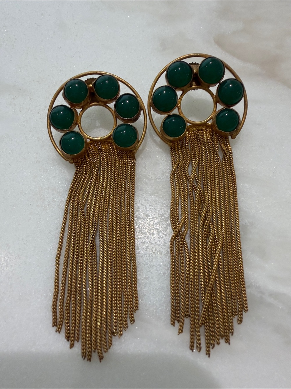 Gold-Tone Fringe Earrings with Green Cabochon Accents